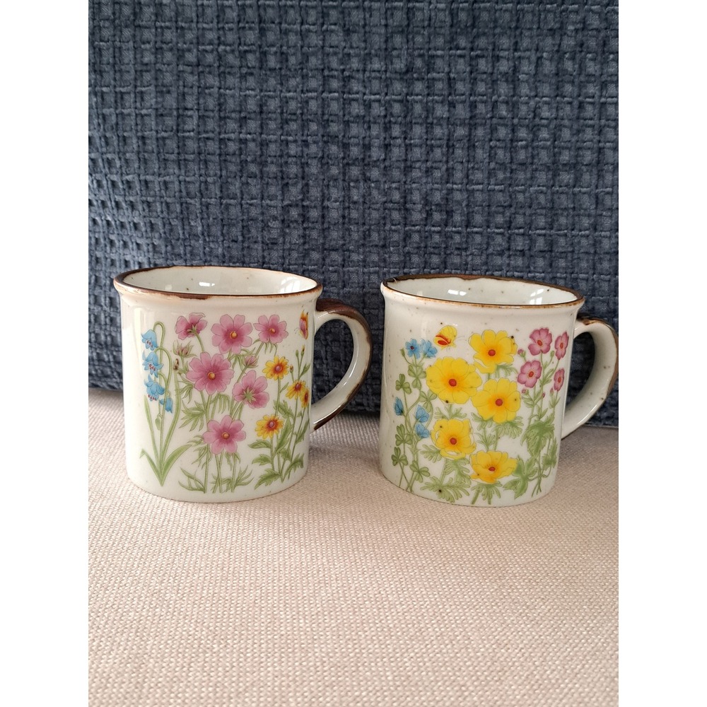 Vintage Wildflower Stoneware Mugs Set of 2 Floral Speckled Ceramic Coffee Cups